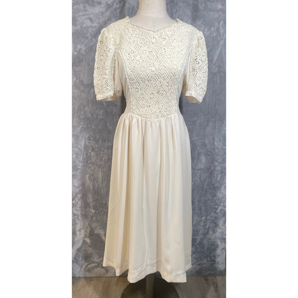 Vintage‎ cream crochet cottage feminine chiffon midi dress fit flare puff sleeve
